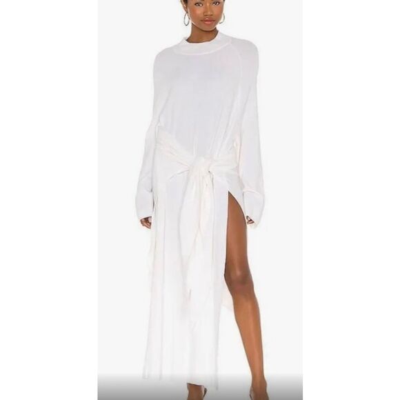 Revolve SNDYS Off-White Front Tie Knit Long Sleeve Sweater Dress With Side Slits - Picture 1 of 10